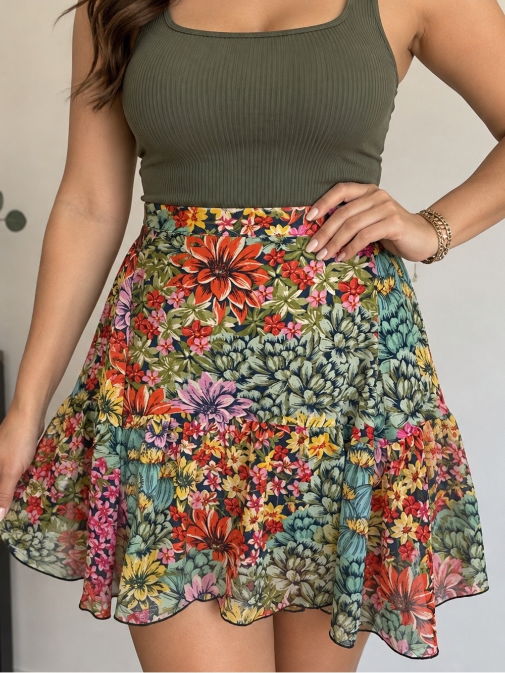Urban Outfitters Tropical Floral Chiffon Ruffle Mini Skirt